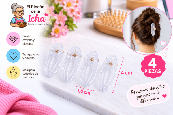 Pinzas Transparentes para el Cabello Diseño Ovalado – 4 Piezas Set de 4 pinzas transparentes para el cabello con diseño ovalado y medida de 1,8 x 4 cm