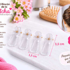Pinzas Transparentes para el Cabello Rectangulares Redondeadas – 4 Piezas Set de 4 pinzas transparentes para el cabello con diseño rectangular de bordes redondeados y medida de 1,5 x 3,5 cm