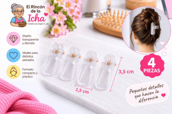 Pinzas Transparentes para el Cabello Rectangulares Redondeadas – 4 Piezas Set de 4 pinzas transparentes para el cabello con diseño rectangular de bordes redondeados y medida de 1,5 x 3,5 cm
