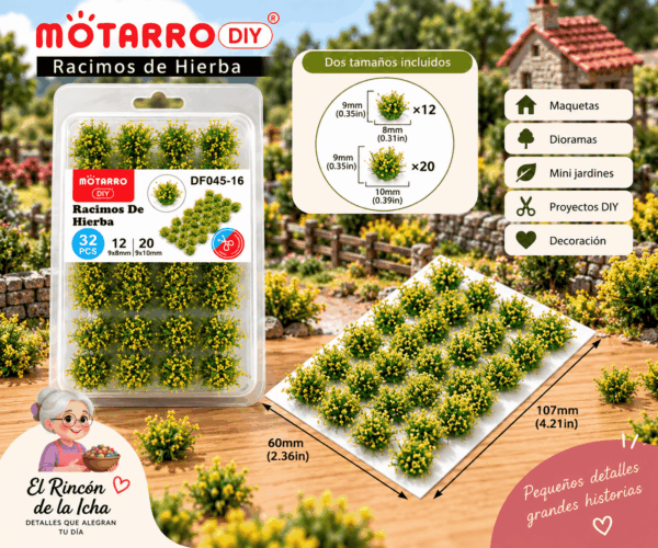 Racimos Florales Decorativos Amarillos 32 Piezas para Maquetas Racimos florales decorativos amarillos de 32 piezas para maquetas, con tamaños de 9 x 8 mm y 9 x 10 mm