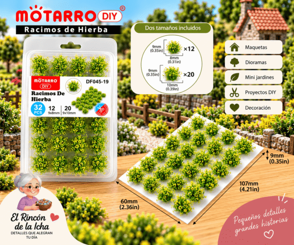 Racimos Florales Decorativos Verde Claro y Amarillo 32 Piezas para Maquetas Racimos florales decorativos verde claro con detalles amarillos de 32 piezas para maquetas, en tamaños de 9 x 8 mm y 9 x 10 mm