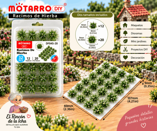 Racimos Florales Decorativos Verdes con Detalles Claros 32 Piezas para Maquetas Racimos florales decorativos verdes con detalles claros de 32 piezas para maquetas, en tamaños de 9 x 8 mm y 9 x 10 mm