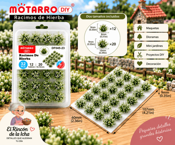 Racimos Florales Decorativos Verdes con Flores Blancas 32 Piezas para Maquetas Racimos florales decorativos verdes con flores blancas de 32 piezas para maquetas, en tamaños de 9 x 8 mm y 9 x 10 mm