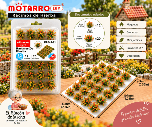 Racimos Florales Decorativos Verdes con Flores Naranjas 32 Piezas para Maquetas Racimos florales decorativos verdes con flores naranjas y amarillas de 32 piezas para maquetas, en tamaños de 9 x 8 mm y 9 x 10 mm
