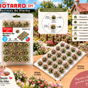 Racimos Florales Decorativos Verdes con Flores Rosadas 32 Piezas para Maquetas Racimos florales decorativos verdes con flores rosadas y claras de 32 piezas para maquetas, en tamaños de 9 x 8 mm y 9 x 10 mm