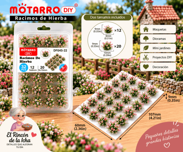 Racimos Florales Decorativos Verdes con Flores Rosadas 32 Piezas para Maquetas Racimos florales decorativos verdes con flores rosadas y claras de 32 piezas para maquetas, en tamaños de 9 x 8 mm y 9 x 10 mm