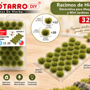 Racimos de Hierba Decorativa 32 Piezas para Maquetas y Mini Jardines Racimos de hierba decorativa de 32 piezas para maquetas y mini jardines, con medidas visibles de 107 x 60 mm y dos tamaños de 9 x 7 mm y 9 x 10 mm