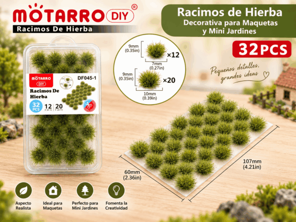 Racimos de Hierba Decorativa 32 Piezas para Maquetas y Mini Jardines Racimos de hierba decorativa de 32 piezas para maquetas y mini jardines, con medidas visibles de 107 x 60 mm y dos tamaños de 9 x 7 mm y 9 x 10 mm
