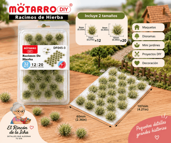 Racimos de Hierba Decorativa Verde Claro 32 Piezas para Maquetas Racimos de hierba decorativa verde claro de 32 piezas para maquetas, con medidas de 9 x 7 mm y 9 x 10 mm