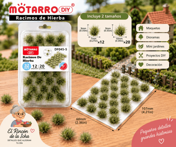 Racimos de Hierba Decorativa Verde Natural 32 Piezas para Maquetas Racimos de hierba decorativa verde natural de 32 piezas para maquetas, con tamaños de 9 x 7 mm y 9 x 10 mm