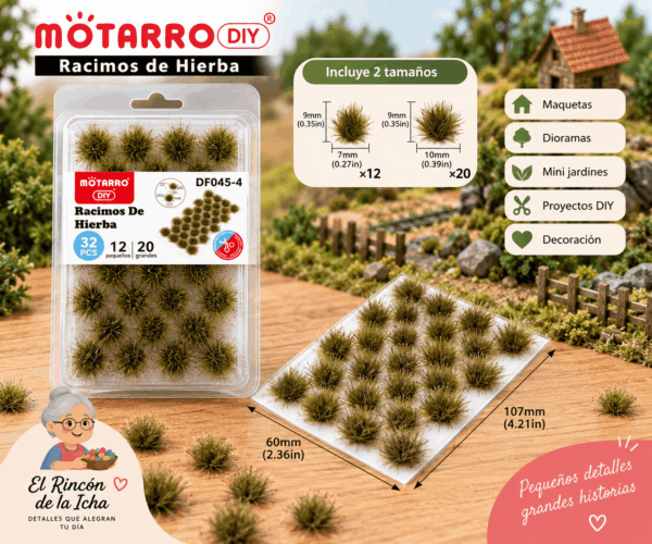 Racimos de Hierba Decorativa Verde Oliva 32 Piezas para Maquetas Racimos de hierba decorativa verde oliva de 32 piezas para maquetas, con medidas de 9 x 7 mm y 9 x 10 mm