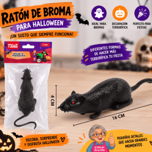 Ratón negro de broma para Halloween de 16 x 4 cm con cola larga y ojo rojo