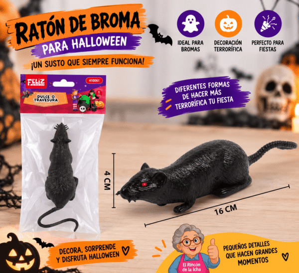 Ratón Negro de Broma para Halloween 16 x 4 cm Ratón negro de broma para Halloween de 16 x 4 cm con cola larga y ojo rojo