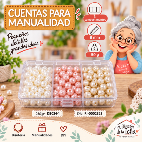 Set de cuentas perladas en caja de 3 compartimentos – Mezcla 01 – 8 mm – 50 g
