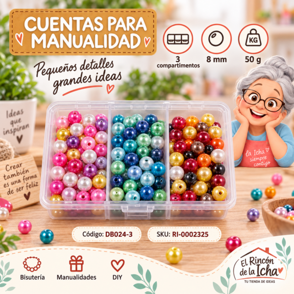 ri-0002325-db024-3 Set de cuentas perladas en caja de 3 compartimentos – Mezcla 03 – 8 mm – 50 g