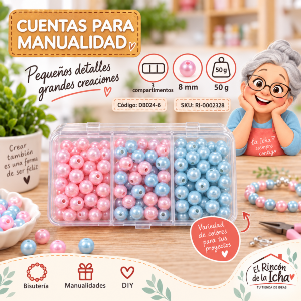 Set de cuentas perladas en caja de 3 compartimentos – Mezcla 06 – 8 mm – 50 g