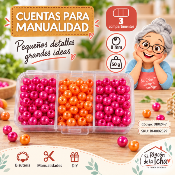 Set de cuentas perladas en caja de 3 compartimentos – Mezcla 07 – 8 mm – 50 g