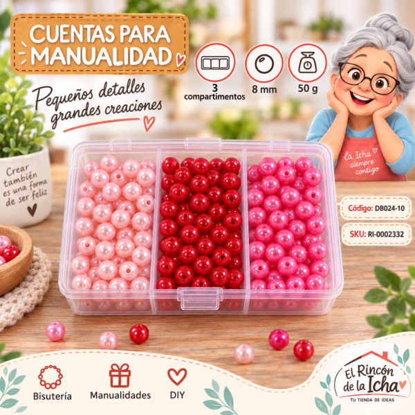 Set de cuentas perladas en caja de 3 compartimentos – Mezcla 10 – 8 mm – 50 g