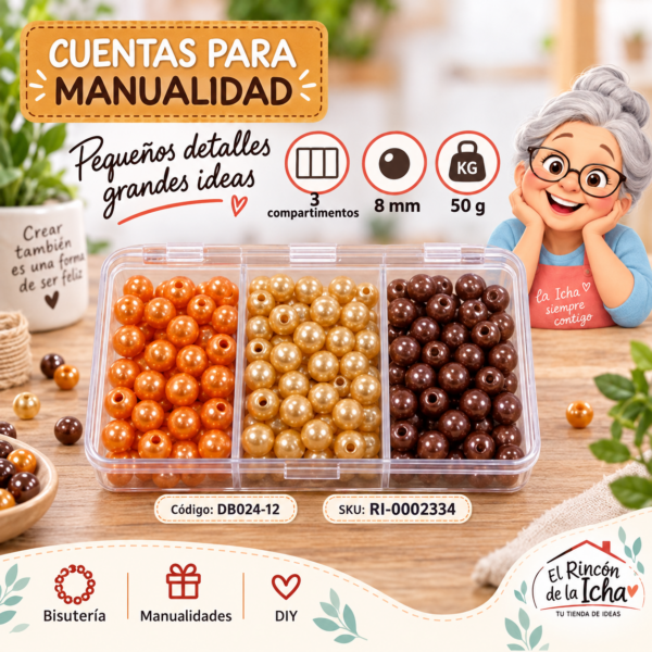 ri-0002334-db024-12 Set de cuentas perladas en caja de 3 compartimentos – Mezcla 12 – 8 mm – 50 g