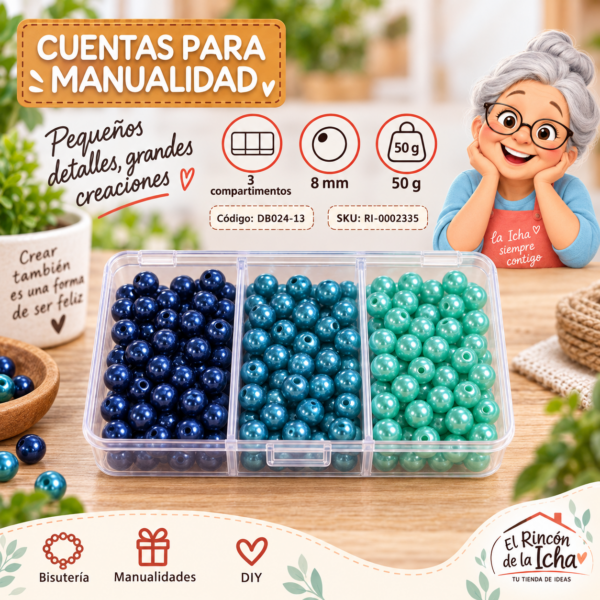 ri-0002335-db024-13 Set de cuentas perladas en caja de 3 compartimentos – Mezcla 13 – 8 mm – 50 g