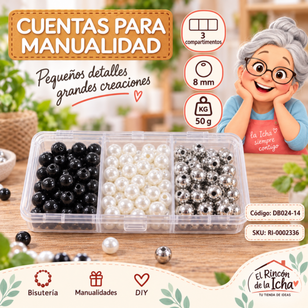 Set de cuentas perladas en caja de 3 compartimentos – Mezcla 14 – 8 mm – 50 g