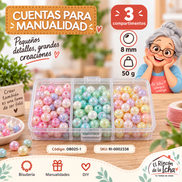 ri-0002338-db025-1 Set de cuentas perladas iridiscentes en caja de 3 compartimentos – Mezcla 01 – 8 mm – 50 g