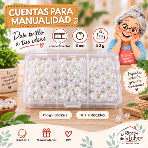 ri-0002340-db025-3 Set de cuentas perladas iridiscentes en caja de 3 compartimentos – Mezcla 03 – 8 mm – 50 g