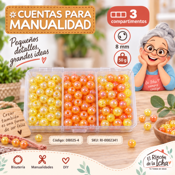 ri-0002341-db025-4 Set de cuentas perladas iridiscentes en caja de 3 compartimentos – Mezcla 04 – 8 mm – 50 g