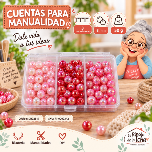 ri-0002342-db025-5 Set de cuentas perladas iridiscentes en caja de 3 compartimentos – Mezcla 05 – 8 mm – 50 g