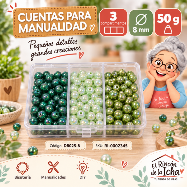 ri-0002345-db025-8 Set de cuentas perladas iridiscentes en caja de 3 compartimentos – Mezcla 08 – 8 mm – 50 g