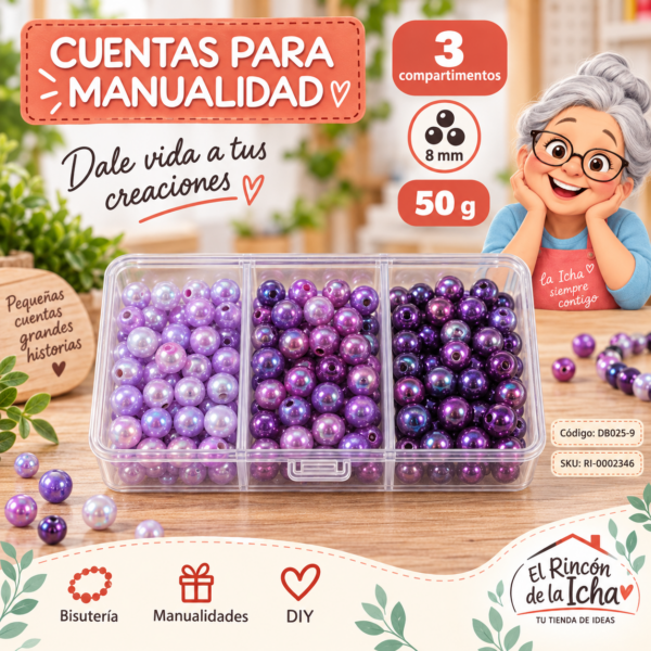 Set de cuentas perladas iridiscentes en caja de 3 compartimentos – Mezcla 09 – 8 mm – 50 g