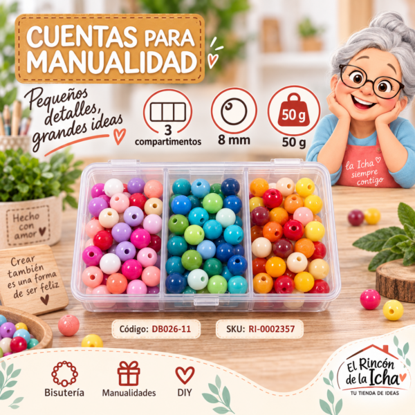 ri-0002357-db026-11 Set de cuentas sólidas surtidas en caja de 3 compartimentos – 8 mm – 50 g