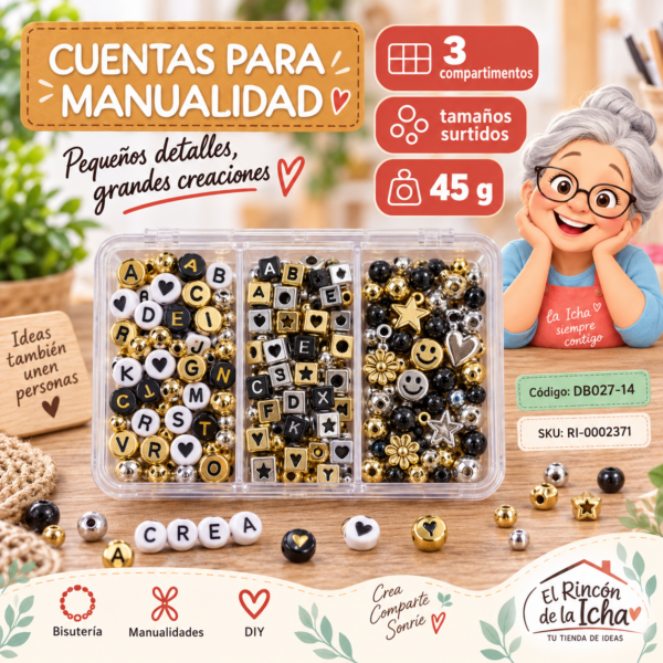 ri-0002371-db027-14 Set de cuentas con letras en caja de 3 compartimentos – Mezcla 14 – 45 g