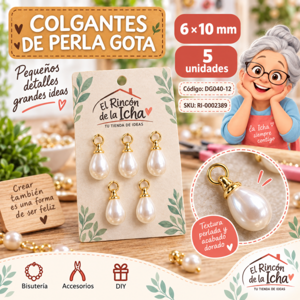 Colgantes de perla gota con terminal dorado – 6 × 10 mm – 5 unidades