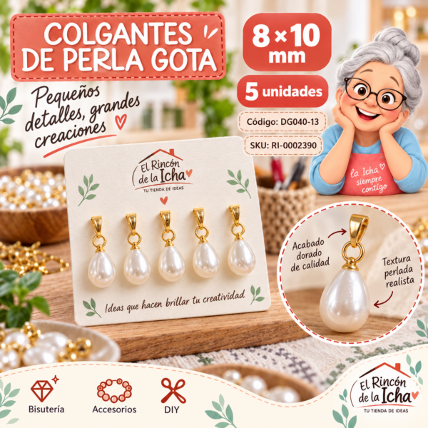 Colgantes de perla gota con terminal dorado – 8 × 10 mm – 5 unidades