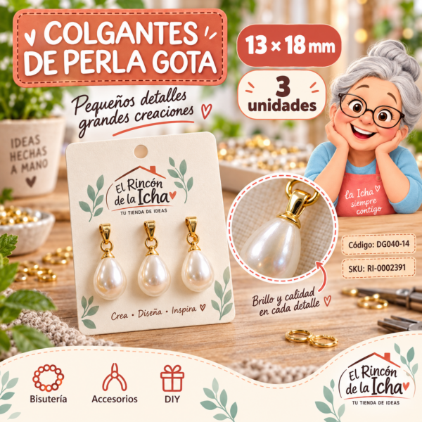 Colgantes de perla gota con terminal dorado – 13 × 18 mm – 3 unidades