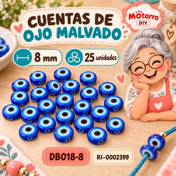 ri-0002399-db018-8 Cuentas redondas de ojo malvado azules – 8 mm – 25 unidades
