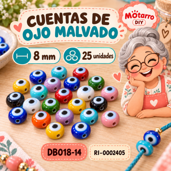 Cuentas redondas de ojo malvado multicolor – 8 mm – 25 unidades