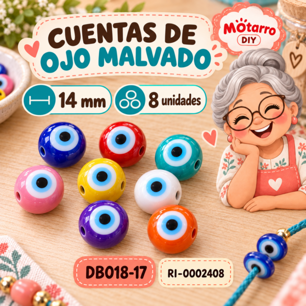 Cuentas redondas de ojo malvado multicolor – 14 mm – 8 unidades