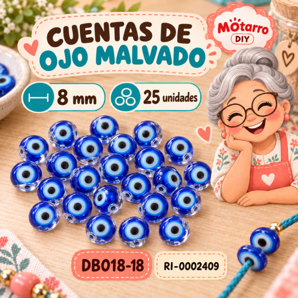 ri-0002409-db018-18 Cuentas redondas de ojo malvado transparentes – 8 mm – 25 unidades