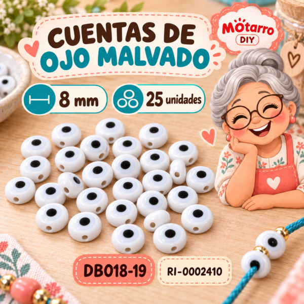 ri-0002410-db018-19 Cuentas redondas de ojo malvado blancas – 8 mm – 25 unidades