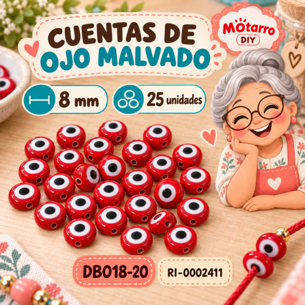 ri-0002411-db018-20 Cuentas redondas de ojo malvado rojas – 8 mm – 25 unidades