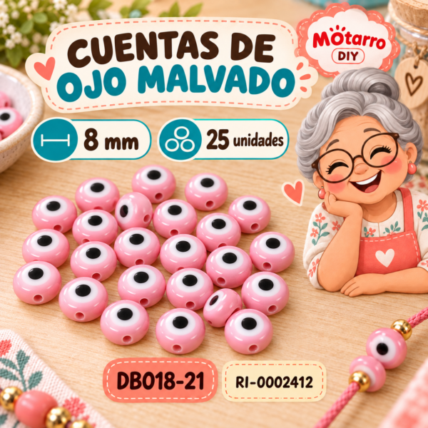 ri-0002412-db018-21 Cuentas redondas de ojo malvado rosadas – 8 mm – 25 unidades