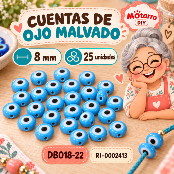 ri-0002413-db018-22 Cuentas redondas de ojo malvado celestes – 8 mm – 25 unidades