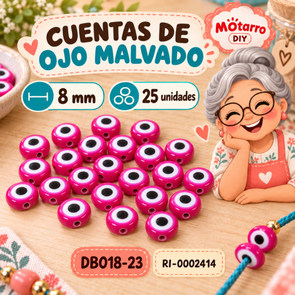 Cuentas redondas de ojo malvado fucsias – 8 mm – 25 unidades