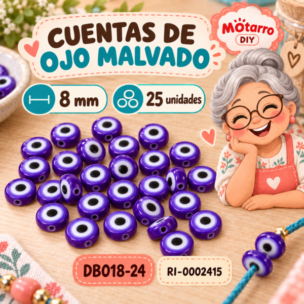 ri-0002415-db018-24 Cuentas redondas de ojo malvado moradas – 8 mm – 25 unidades