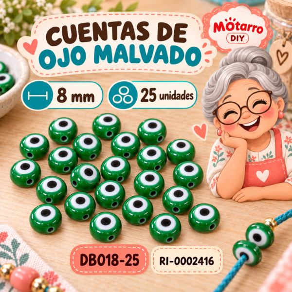 ri-0002416-db018-25 Cuentas redondas de ojo malvado verdes – 8 mm – 25 unidades