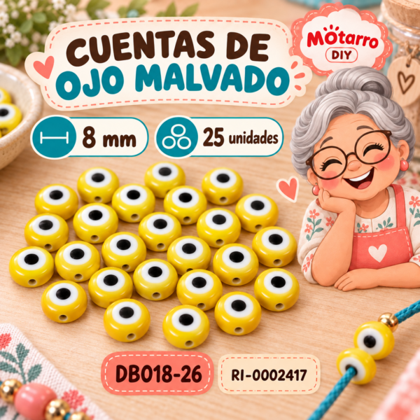 ri-0002417-db018-26 Cuentas redondas de ojo malvado amarillas – 8 mm – 25 unidades