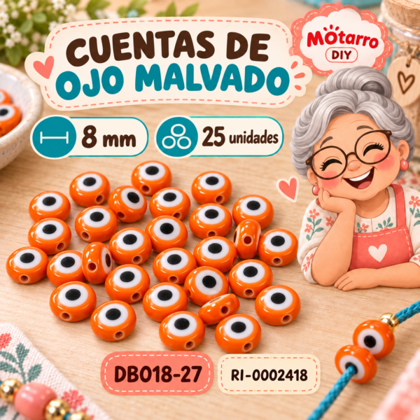 Cuentas redondas de ojo malvado naranjas – 8 mm – 25 unidades