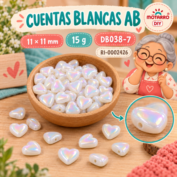 Cuentas blancas AB de corazón plano – 11 × 11 mm – 15 g